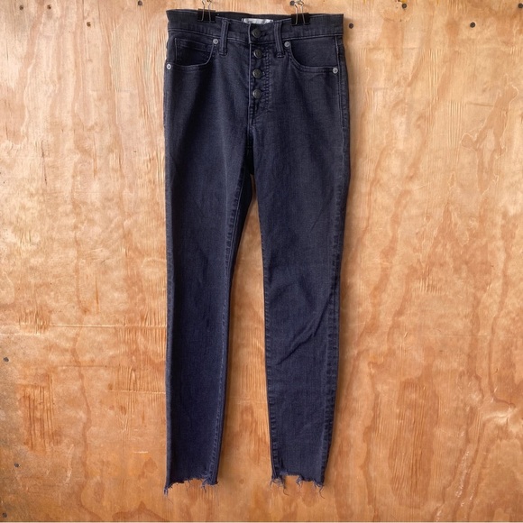 Madewell 9” High Riser Skinny  Exposed Button Fly Black Raw Hem Stretch Jean - Picture 2 of 16